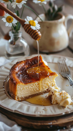 Cheesecake with Honey Drizzle Sour Cream Porcelain Plate Dessertの素材