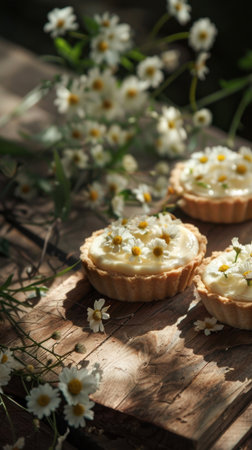 A rustic wooden wood board with cream cheese tarts, meringue fresh herbs sweet treat with white flowersの素材