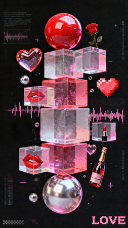 Valentine's Day Romantic Ad Poster, featuring heart, rose, lipstick, champagne, heart lock and cyber cubes sphere love decorationsの素材