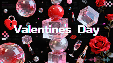 Valentine's Day Romantic Ad Poster, featuring heart, rose, lipstick, champagne, heart lock and cyber cubes sphere love decorationsの素材
