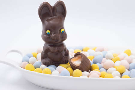 Chocolate bunny with cadbury creme egg on top of candy eggsの写真素材