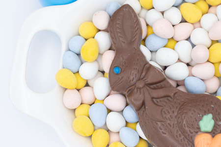 Chocolate bunny laying on candy eggsの写真素材