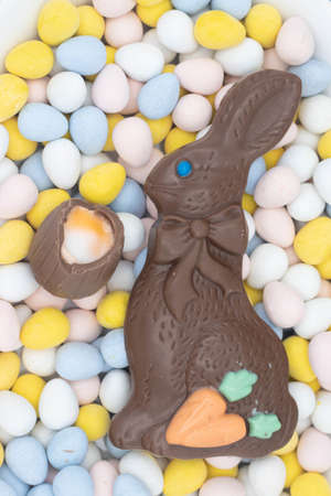 Chocolate bunny with cadbury creme egg on top of candy eggsの写真素材