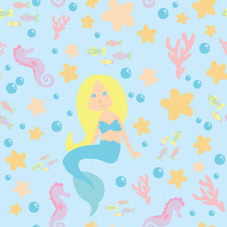 A vector repeat pattern of a blue tail mermaid in a pastel blue sea surrounded by seahorses, starfish, coral, fish, and bubbles.のイラスト素材