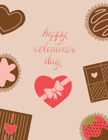 Chocolate Box Happy Valentines Day Card. Valentine's day card with the words happy valentine's day a heart shaped chocolate box and chocolates surrounding the text.のイラスト素材