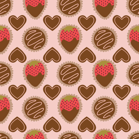 Valentine's Day Chocolate Box Pattern with chocolate dipped strawberries, chocolate truffles, and chocolate heartsのイラスト素材