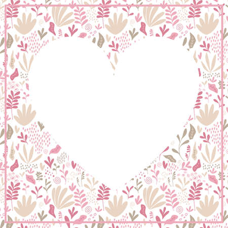 Happy Valentine's Day greeting social media post template with heart frame made of a pink and beige nature inspired patternのイラスト素材