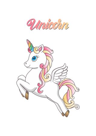 Cute little pink flying magical unicorn. Vector on white background. Illustration for children.のイラスト素材