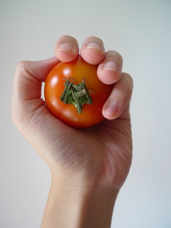 A hand holds a tomatoの写真素材