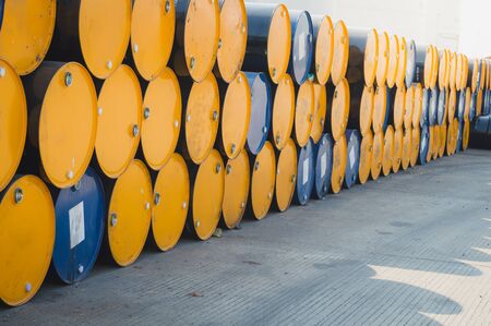 Industry oil barrels or chemical drums stacked up.chemical tank.container of  barrels of...