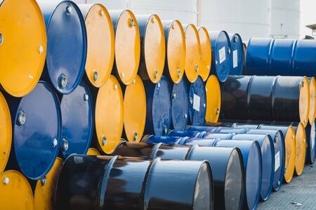 Industry oil barrels or chemical drums stacked up.chemical tank.container of  barrels of...