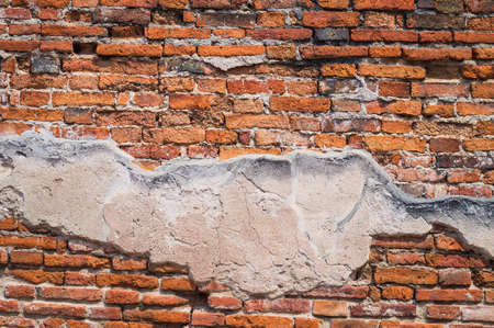 Empty Old Brick Wall Texture. Painted Distressed Wall Surface. Grungy Wide Brickwall. Grunge Red...