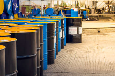Industry oil barrels or chemical drums stacked up.chemical tank.container of  barrels of...