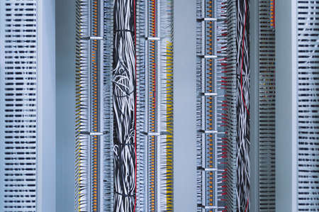 Wiring PLC Control panel with wires industrial factory.Wiring terminals in the electrical Cabinet....