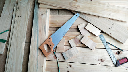 Carpenter tools on a wooden table, carpentry work.の写真素材