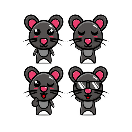 Set collection of cute mouse cartoon mascot design character. Isolated on white backgroundのイラスト素材