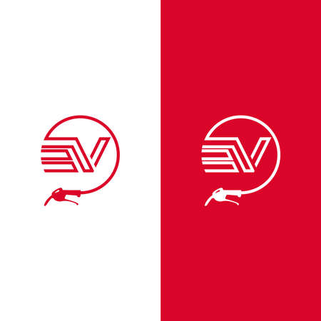 Initials EV letter vector logo. combined with a fuel filler suitable for use in the business of gas, oil, gasoline and othersのイラスト素材