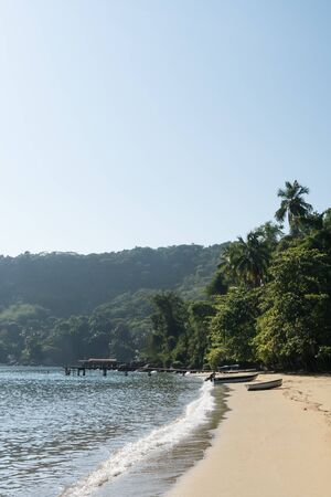 Early morning at Praia do Pouso Beach, Ilha Grande island, state of Rio de Janeiro, Brazil, on the trail to Praia Lopes Mendes. There is a tropical jungle and palm trees against the sand, with boats.の写真素材