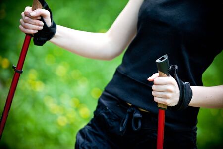 Nordic walking in summer natureの写真素材