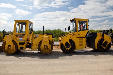 Heavy Vibration roller at asphalt pavement works (road repairing) 