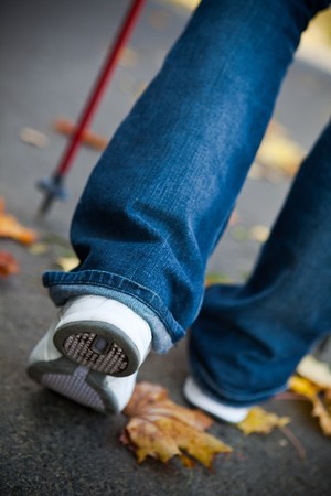 Nordic walking race on autumn trailの写真素材