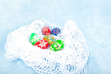 easter eggs on the blue background in studioの写真素材