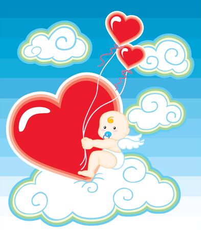 illustration of a baby cupid hugging a big heartのイラスト素材