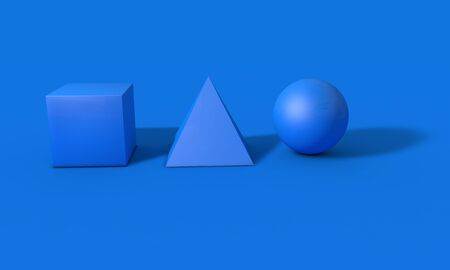 Cube, sphere and pyramid on lasting blue, 3d render workingの写真素材