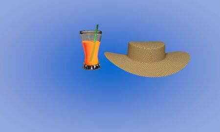 Coctail and Straw hat on white, 3d render working