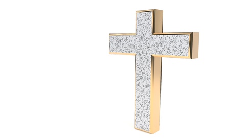Gold plated cross on white, 3d renderの写真素材