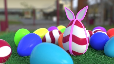 Bunny ears eggs on the grass, 3d render