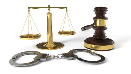 Justice gavel and handcuffs on white background, 3d renderの写真素材