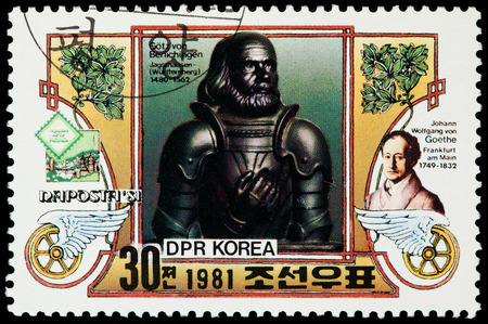 DPR KOREA- CIRCA 1981  A stamp printed in Korea shows portrait of Johann Wolfgang von Goethe, circa 1981 の写真素材