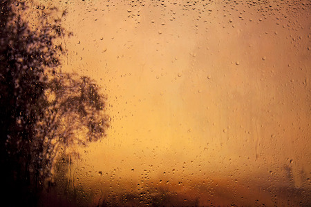 look at the misty dawn through a window with raindrops