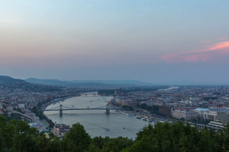 The central part of Budapest with a chain bridge across the Danubeの写真素材