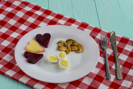 Quail eggs, beets, potatoes, mushrooms.の写真素材