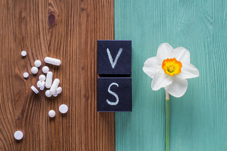 The concept of stop drug addiction. Choosing between drugs and a healthy lifestyle. Drugs versus lifeの写真素材
