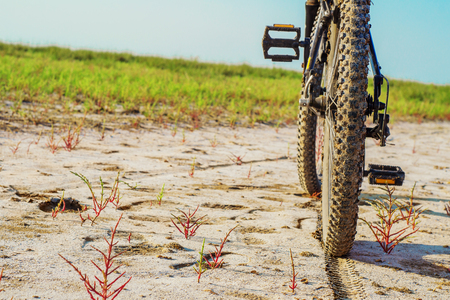 Bicycle wheel of an mountain bike on the dirt road. Bicycle at sunny day on the sandy road. Concept of a healthy lifestyle, activity.の写真素材