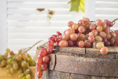 Still life of red grapes on a wooden barrel. Concept of the grape harvest, wine making and viticulture.の写真素材