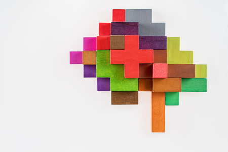 Human brain is made of multi-colored wooden blocks.の写真素材