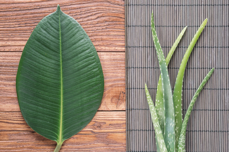 Aloe vera leaves on wooden table. Natural cosmetic ingredients with copy space. Fresh aloe vera plant on wooden board, flat lay. Spa concept, top view.の写真素材