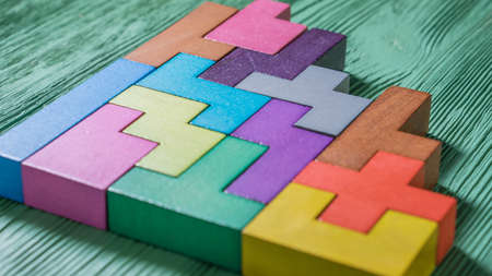 Geometric shapes on a wooden background.の写真素材