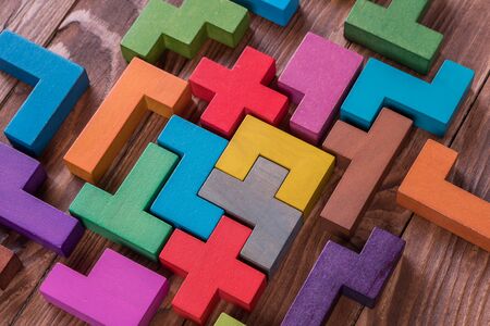Geometric shapes on a wooden background.の写真素材