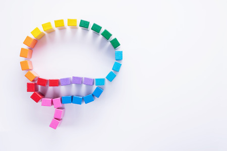 Human brain is made of multi-colored wooden blocks. Top view, flat layの写真素材