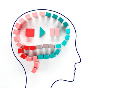 Human head with abstract colorful human brain, creative concept. The work of the brain, stop, start, pause. Disable emotions. Top view, flat lay.の写真素材