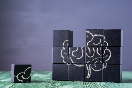 The concept of the human brain. Education, science and medical concept.  Brain drawn in chalk on black cubes.の写真素材