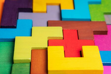 The concept of logical thinking. Geometric shapes on a wooden background.の写真素材