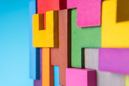 The concept of logical thinking. Geometric shapes on a blue background. Business building concept.の写真素材