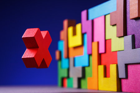 Geometric shapes on a blue background.