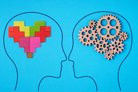 Heads of two people with abstract brain and heart. The concept of logic vs feels.の写真素材